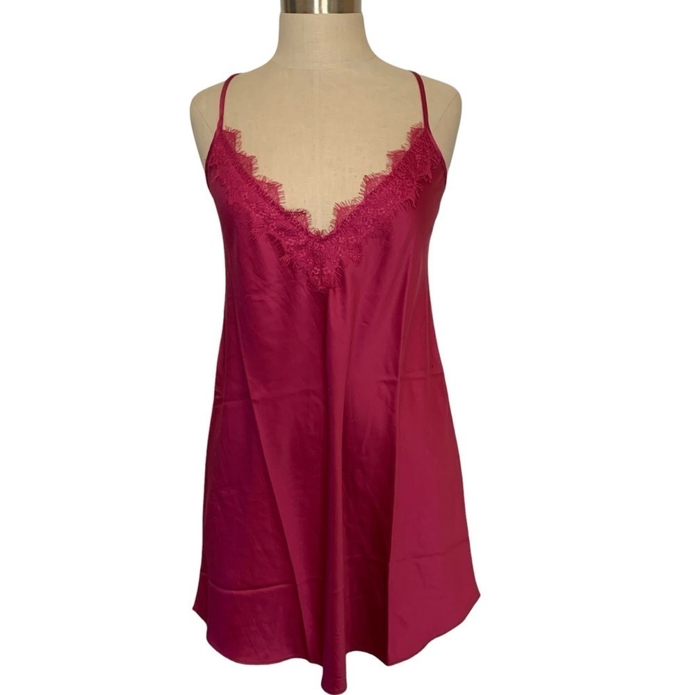 Frederick's of Hollywood Deep Pink Lace-Trim Satin Chemise